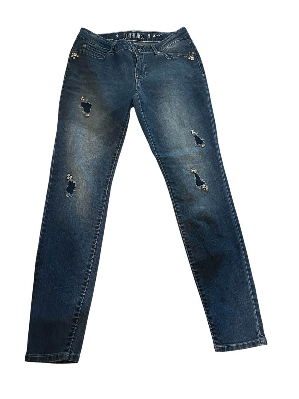 Jennifer Lopez Indigo Skinny Jeans with Rhinestone Distressing